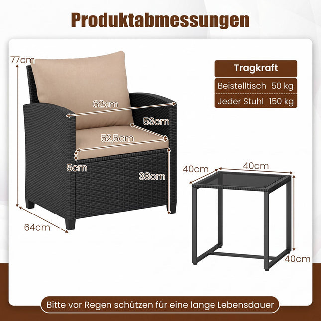 3-Piece Rattan Outdoor Furniture Set with Cushions