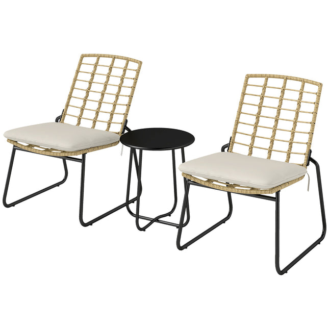 3-Piece Rattan Patio Set, 2 Chairs, 1 Metal Table, Cushions