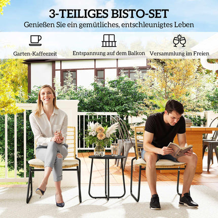 3-Piece Rattan Patio Set, 2 Chairs, 1 Metal Table, Cushions