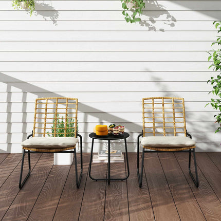 3-Piece Rattan Patio Set, 2 Chairs, 1 Metal Table, Cushions