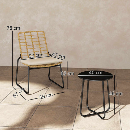 3-Piece Rattan Patio Set, 2 Chairs, 1 Metal Table, Cushions