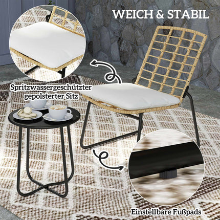3-Piece Rattan Patio Set, 2 Chairs, 1 Metal Table, Cushions