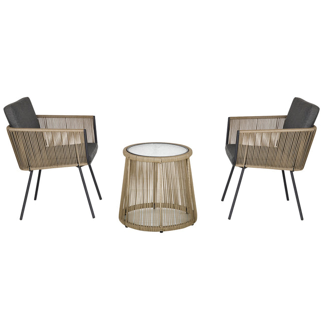 3-Piece Rattan Patio Set, 2 Chairs & Table, Gray