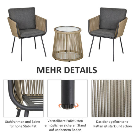 3-Piece Rattan Patio Set, 2 Chairs & Table, Gray