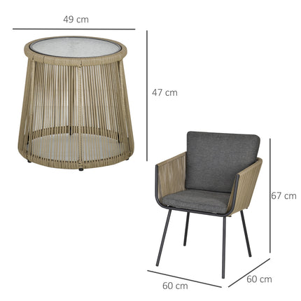 3-Piece Rattan Patio Set, 2 Chairs & Table, Gray