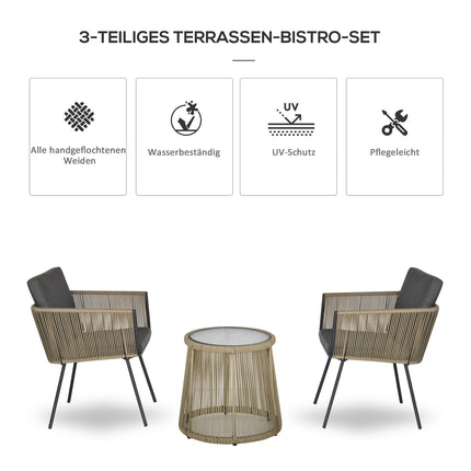 3-Piece Rattan Patio Set, 2 Chairs & Table, Gray