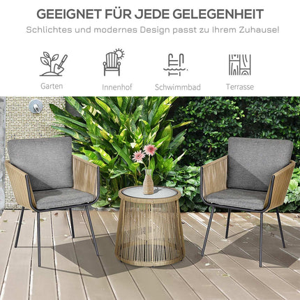 3-Piece Rattan Patio Set, 2 Chairs & Table, Gray