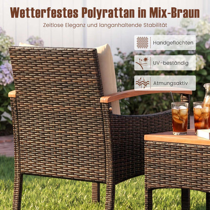 3-Piece Rattan Patio Set with Acacia Table and Cushions