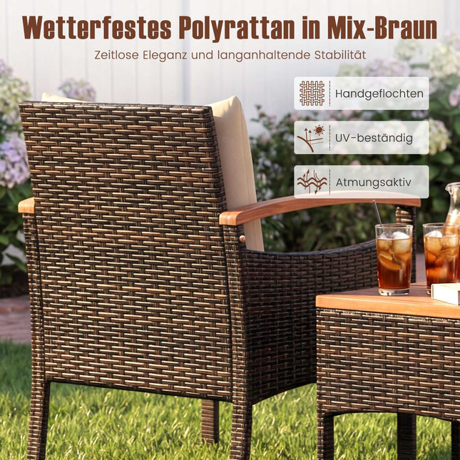 3-Piece Rattan Patio Set with Acacia Table and Cushions