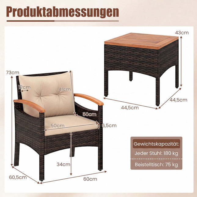 3-Piece Rattan Patio Set with Acacia Table and Cushions