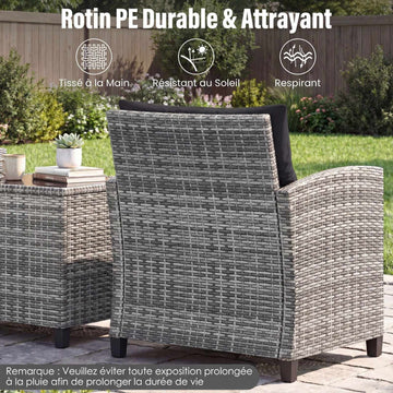 3-Piece Rattan Patio Set with Cushions & Glass Table