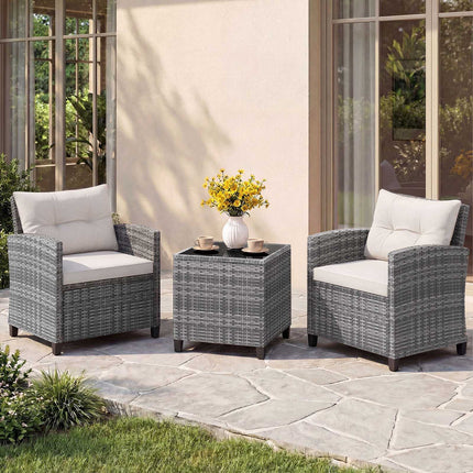 3-Piece Rattan Patio Set with Cushions & Glass Table