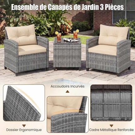 3-Piece Rattan Patio Set with Cushions & Glass Table