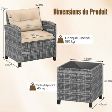 3-Piece Rattan Patio Set with Cushions & Glass Table