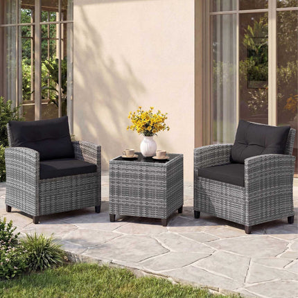 3-Piece Rattan Patio Set with Cushions & Glass Table