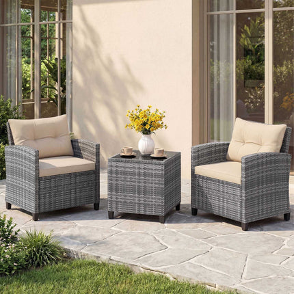 3-Piece Rattan Patio Set with Cushions & Glass Table