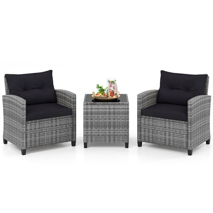 3-Piece Rattan Patio Set with Cushions & Glass Table