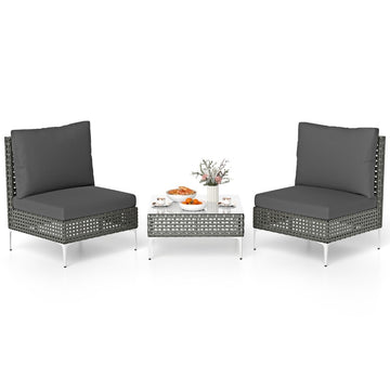 3-Piece Rattan Patio Set with Cushions & Table, Gray