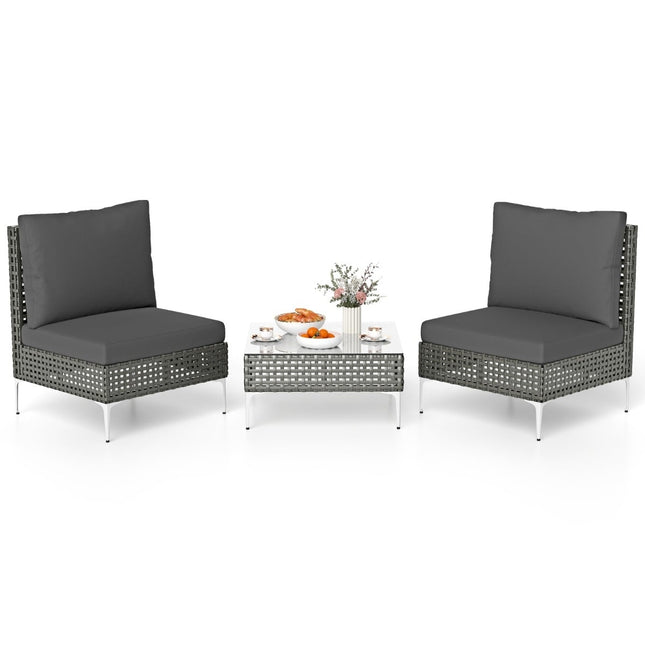 3-Piece Rattan Patio Set with Cushions & Table, Gray