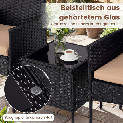3-Piece Rattan Patio Set with Cushions and Glass Table