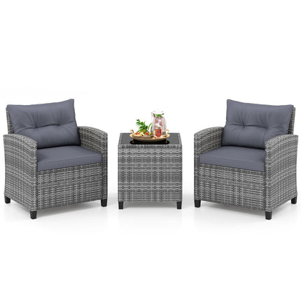 3-Piece Rattan Patio Set with Cushions and Glass Table