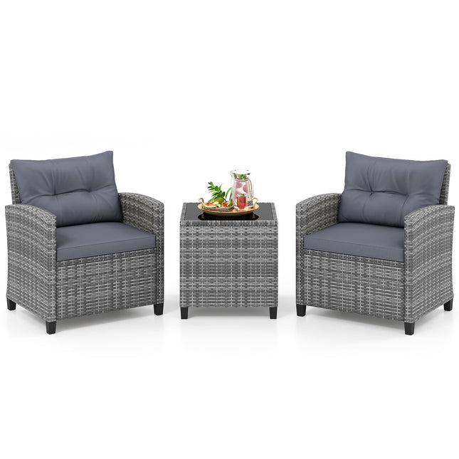 3-Piece Rattan Patio Set with Cushions and Glass Table