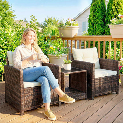 3-Piece Rattan Patio Set with Cushions and Glass Table