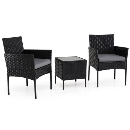 3-Piece Rattan Patio Set with Cushions and Glass Table