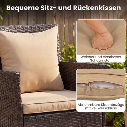 3-Piece Rattan Patio Set with Cushions and Glass Table
