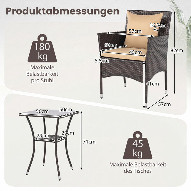 3-Piece Rattan Patio Set with Cushions and Glass Table