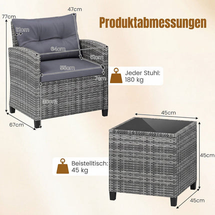 3-Piece Rattan Patio Set with Cushions and Glass Table