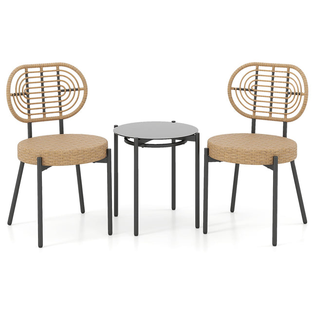 3-Piece Rattan Patio Set with Glass Table, Brown