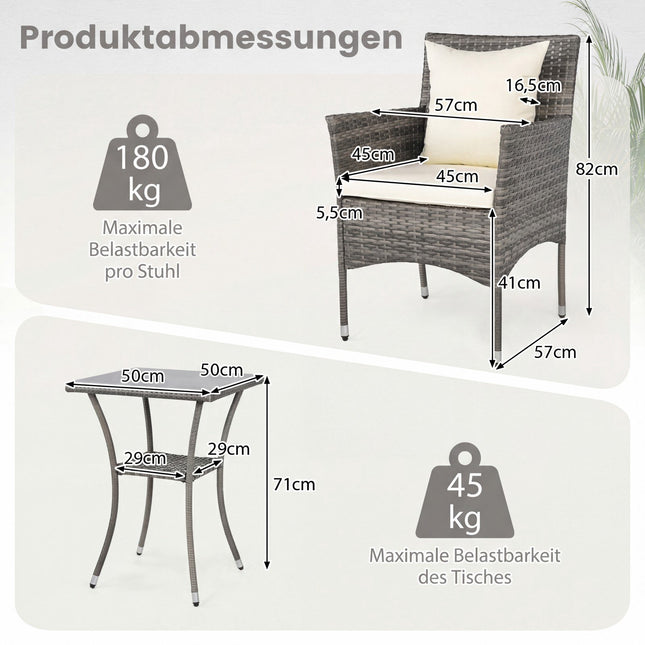 3-Piece Rattan Patio Set with Glass Table and Cushions