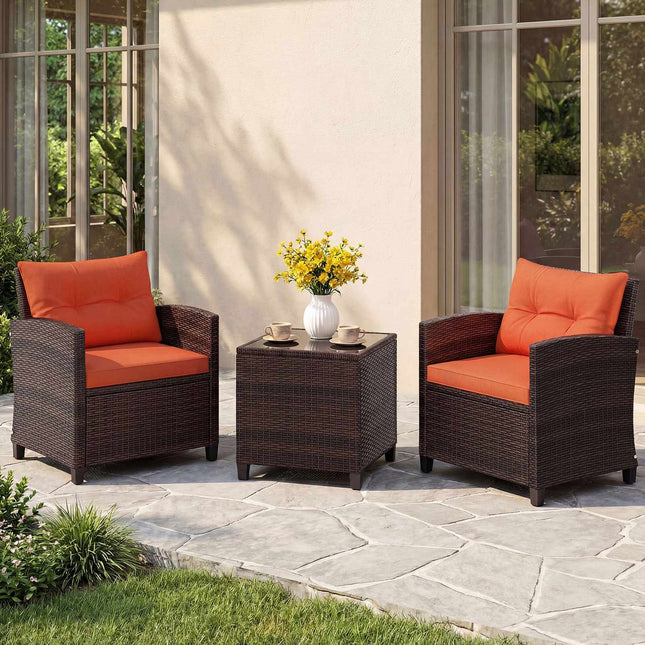 3-Piece Rattan Patio Set with Orange Cushions