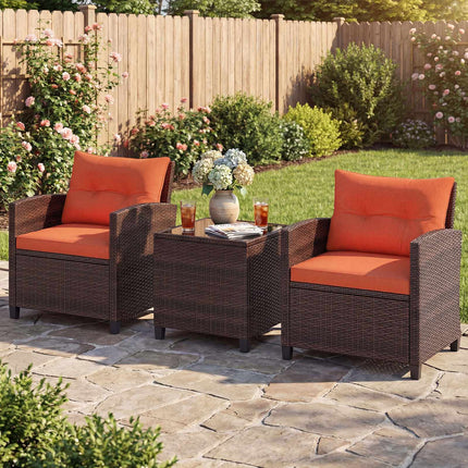 3-Piece Rattan Patio Set with Orange Cushions