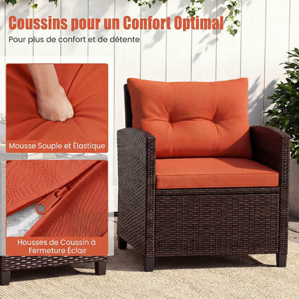3-Piece Rattan Patio Set with Orange Cushions