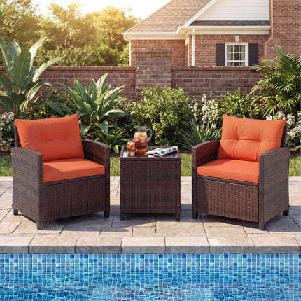 3-Piece Rattan Patio Set with Orange Cushions