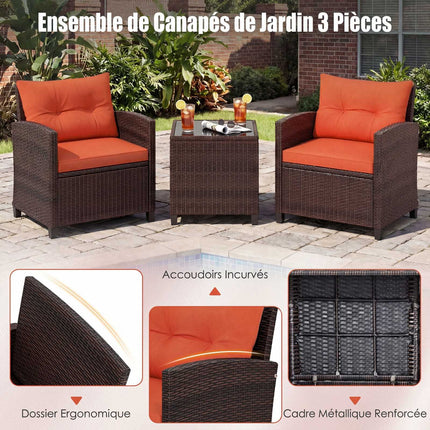 3-Piece Rattan Patio Set with Orange Cushions