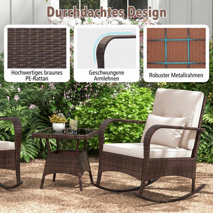 3-Piece Rattan Rocking Chair Set with Glass Table