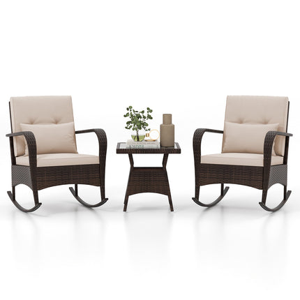 3-Piece Rattan Rocking Chair Set with Glass Table