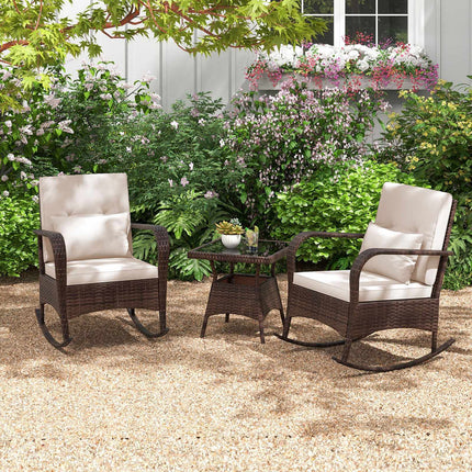 3-Piece Rattan Rocking Chair Set with Glass Table