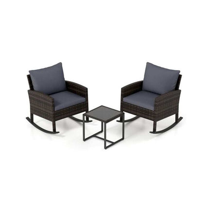 3-Piece Rocking Bistro Set with Glass Table and Cushions, Grey, PE Rattan