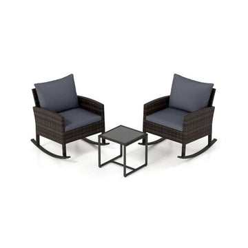 3-Piece Rocking Bistro Set with Glass Table and Cushions, Grey, PE Rattan