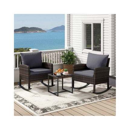 3-Piece Rocking Bistro Set with Glass Table and Cushions, Grey, PE Rattan