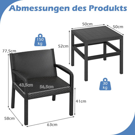 3-Piece Weatherproof Rattan Patio Set with Table, Black