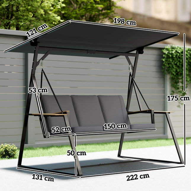 3-Seater Garden Swing with Adjustable Canopy and Trays, Grey