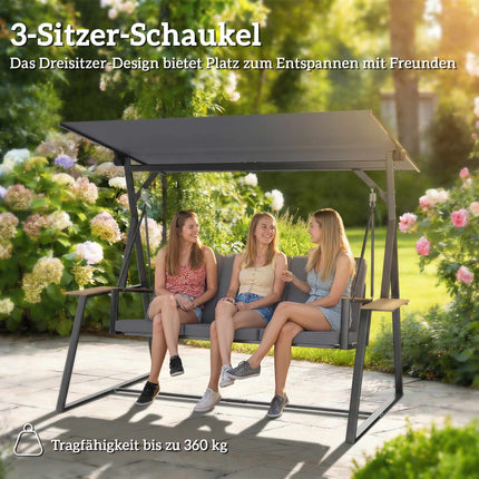 3-Seater Garden Swing with Adjustable Canopy and Trays, Grey