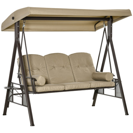 3-seat garden swing with canopy, khaki metal frame