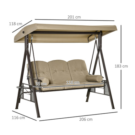 3-seat garden swing with canopy, khaki metal frame