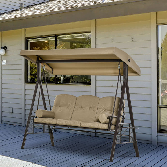 3-seat garden swing with canopy, khaki metal frame